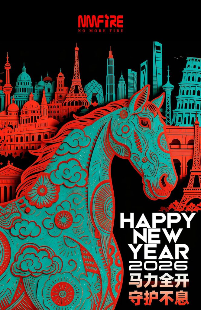 Caballo artístico con skyline de ciudades internacionales celebrando el Año Nuevo 2026 y la presencia global de NMFIRE en soluciones contra incendio.